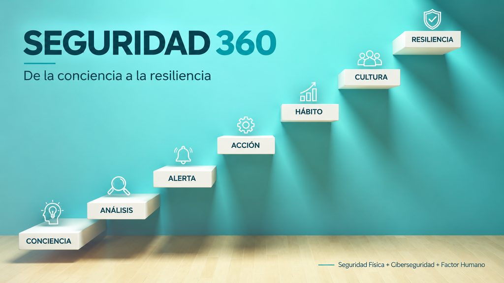 Escalera de siete peldaños con los niveles del programa Seguridad 360, de la conciencia a la resiliencia